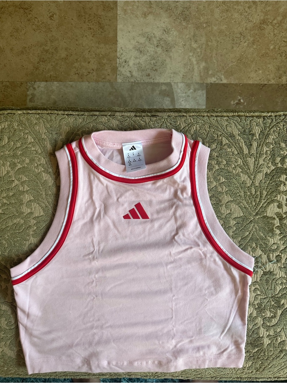 adidas Pink Crop Top with Red Logo and Trim